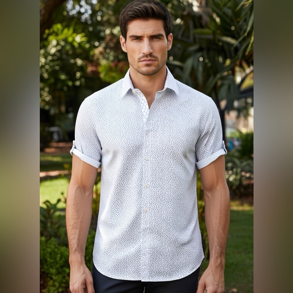 Men Ted Baker London White Blue Patterned Short Sleeve Shirt Button Down Size 5